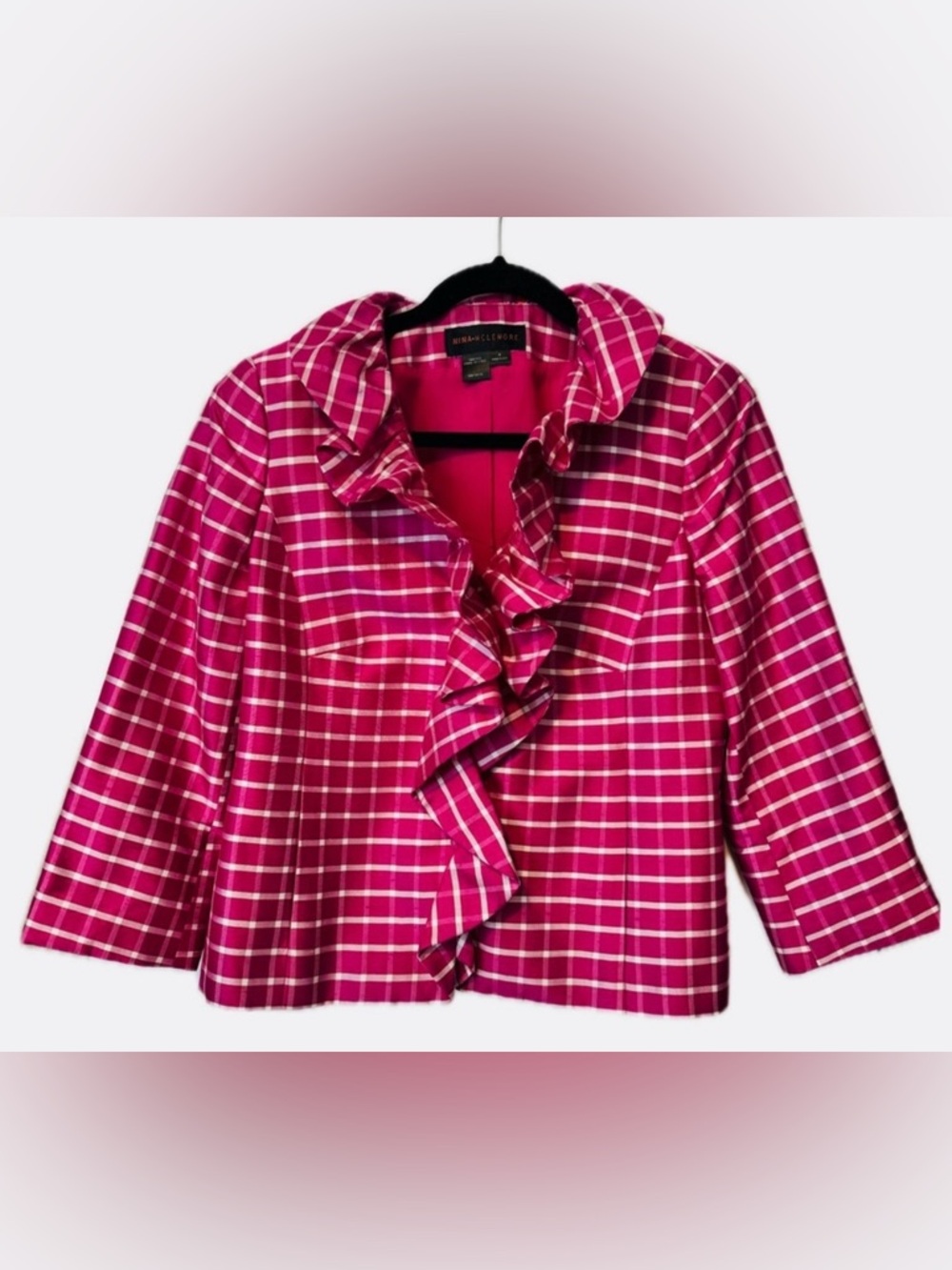 Nina McLemore Pink Silk Plaid Ruffle Jacket Blazer Size 4 Luxury Designer